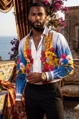 Barabas Wholesale Men's Rhinestone Floral Tiger Greek Pattern shirts SPR612 White Blue