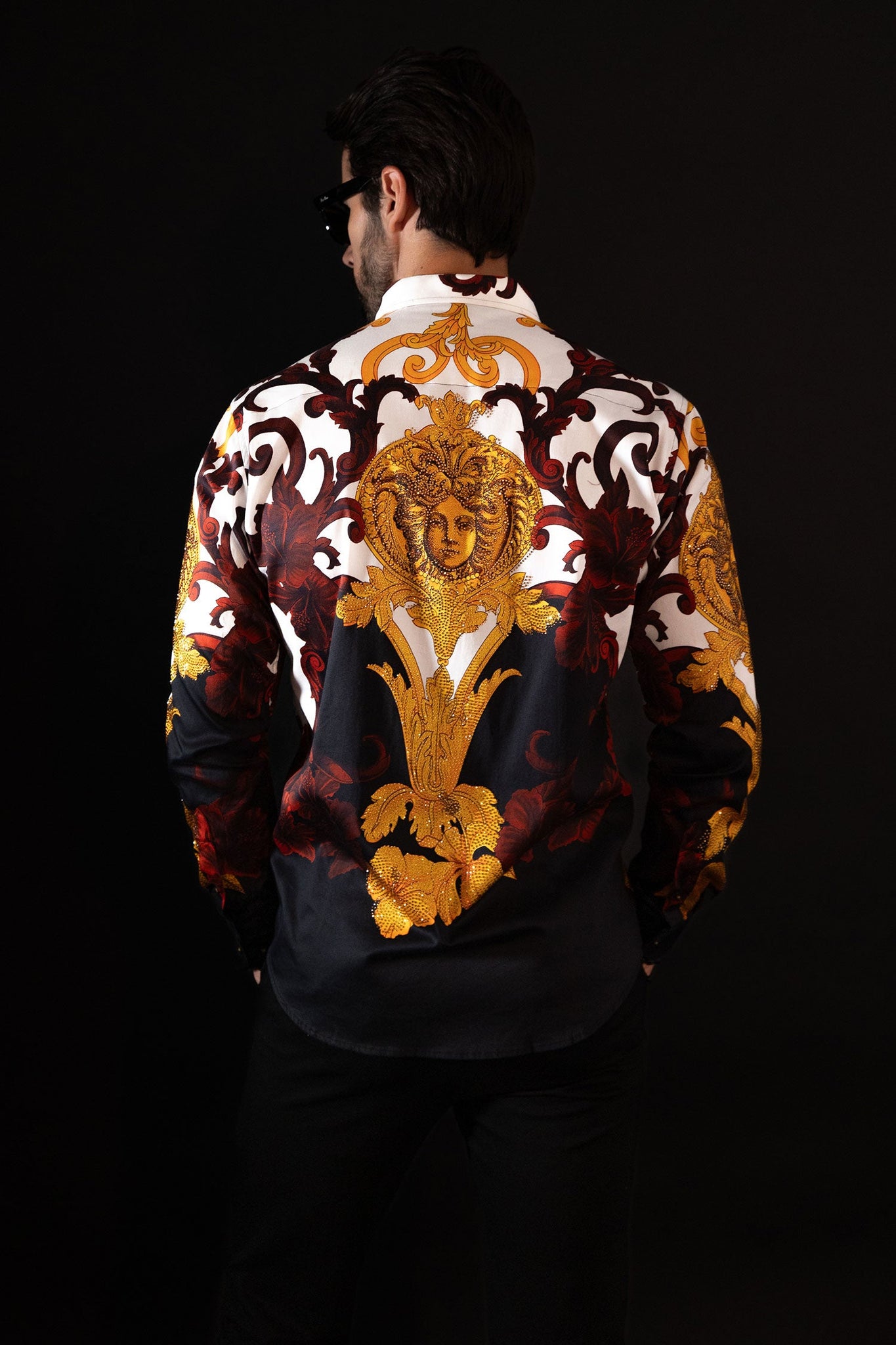 Barabas Wholesale Men's Rhinestone Medusa Baroque Long Sleeve Shirt SPR950 Black