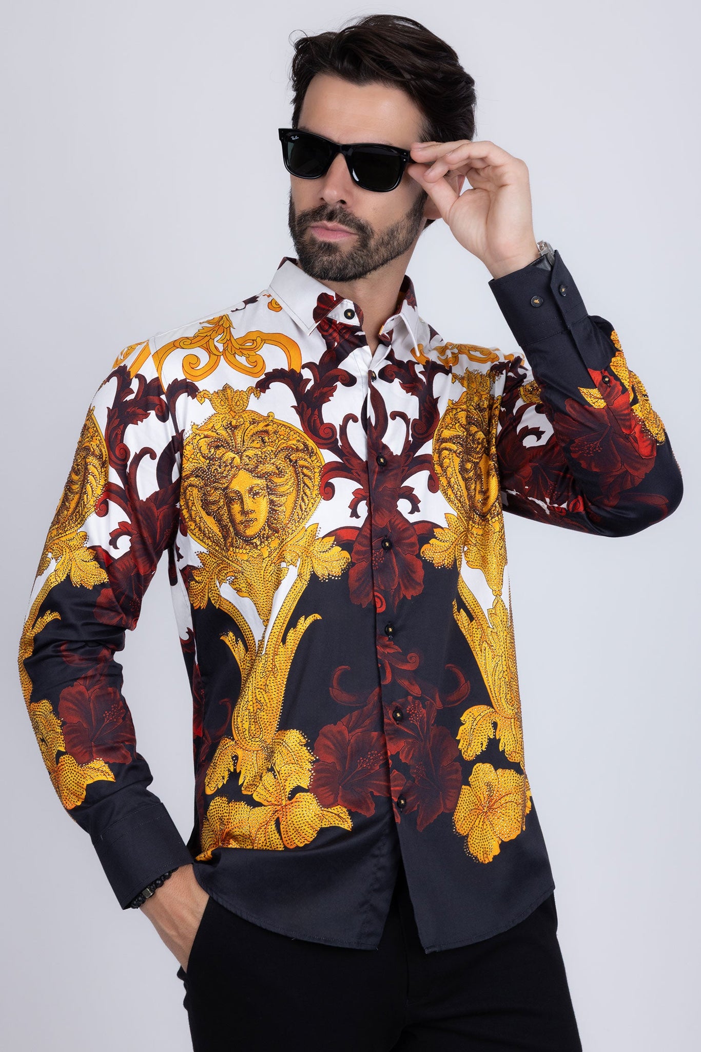 Barabas Wholesale Men's Rhinestone Medusa Baroque Long Sleeve Shirt SPR950 Black