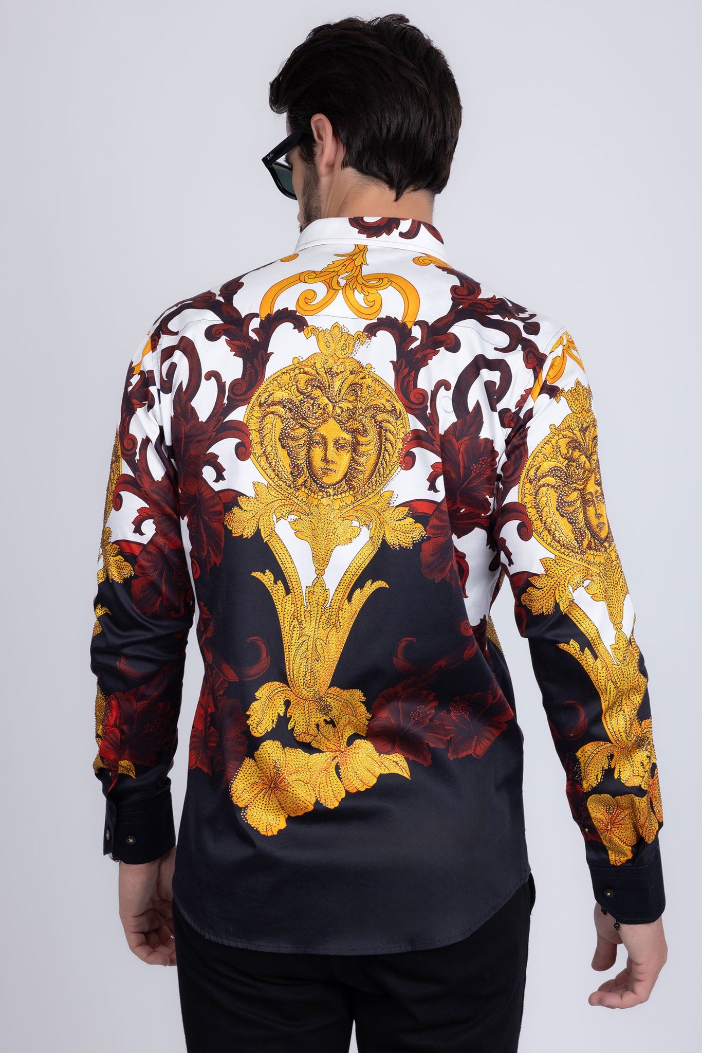 Barabas Wholesale Men's Rhinestone Medusa Baroque Long Sleeve Shirt SPR950 Black