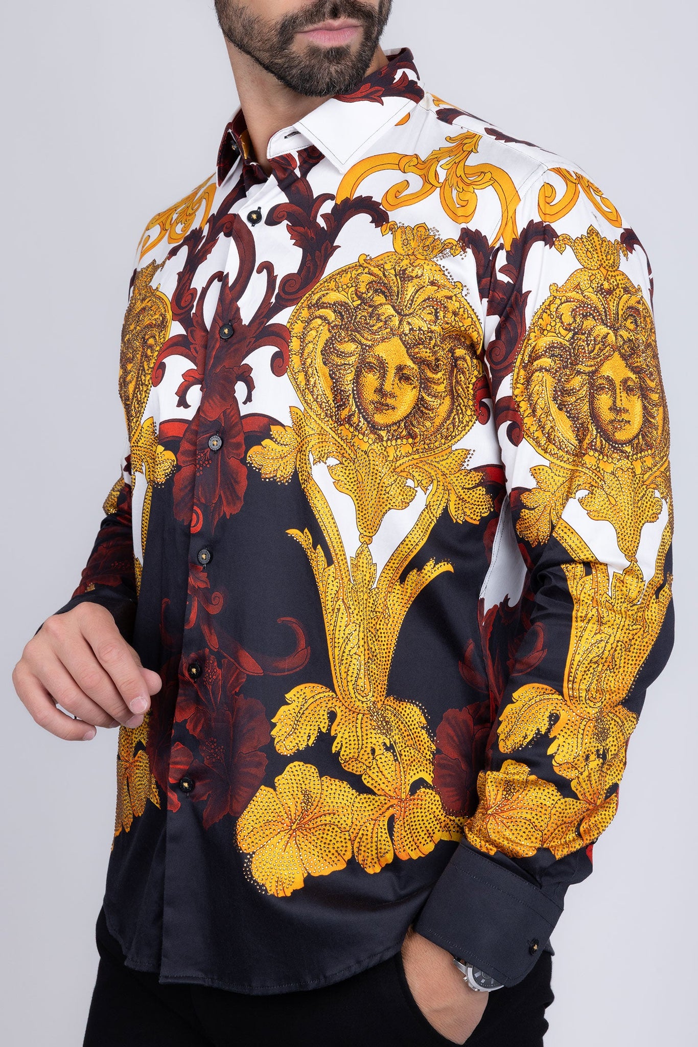 Barabas Wholesale Men's Rhinestone Medusa Baroque Long Sleeve Shirt SPR950 Black