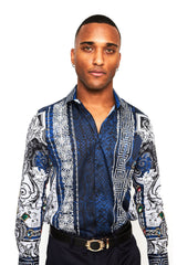 Barabas Wholesale Men's Blue Snake Printed Rhinestone Long Sleeve Shirts SPR962