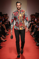 Barabas Wholesale men's Rhinestone Floral Leopard Long Sleeve Shirts SPR964 Multi