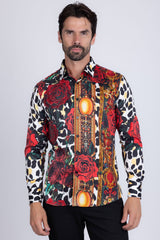 Barabas Wholesale men's Rhinestone Floral Leopard Long Sleeve Shirts SPR964 Multi