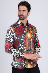 Barabas Wholesale men's Rhinestone Floral Leopard Long Sleeve Shirts SPR964 Red