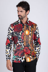 Barabas Wholesale men's Rhinestone Floral Leopard Long Sleeve Shirts SPR964 Red