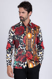 Barabas Wholesale men's Rhinestone Floral Leopard Long Sleeve Shirts SPR964 Red