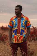 Barabas Wholesale Men's greek key and animal print  graphic short sleeve shirt SS01 blue