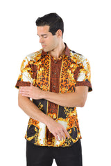 Barabas Wholesale Men's Medusa Greek Pattern Leopard Short Sleeve Shirt SS01 Gold