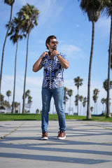 Barabas Wholesale Men's checkered chain graphic short sleeve shirt SS02 blue