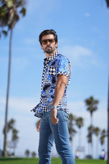 Barabas Wholesale Men's checkered chain graphic short sleeve shirt SS02 blue