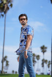 Barabas Wholesale Men's checkered chain graphic short sleeve shirt SS02 blue