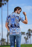 Barabas Wholesale Men's checkered chain graphic short sleeve shirt SS02 blue