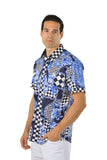 Barabas Wholesale Men's checkered chain graphic short sleeve shirt SS02 blue