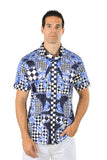 Barabas Wholesale Men's checkered chain graphic short sleeve shirt SS02 blue