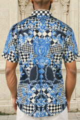 Barabas Wholesale Men's checkered chain graphic short sleeve shirt SS02 Navy