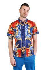Barabas Wholesale Men's Floral Greek Pattern Baroque Short Sleeve Shirt SSR01 Blue Red