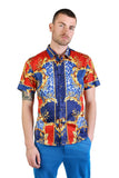 Barabas Wholesale Men's Floral Greek Pattern Baroque Short Sleeve Shirt SSR01 Blue Red