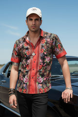 Barabas Wholesale Men's Rhinestone Floral Baroque Printed Short Sleeve Shirt SPR265 Black Red