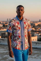 Barabas Wholesale Men's Rhinestone Floral Baroque Printed Short Sleeve Shirt SPR265 Blue White