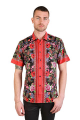 Barabas Wholesale Men's Rhinestone Floral Baroque Printed Short Sleeve Shirt SPR265 Black Red