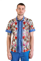 Barabas Wholesale Men's Rhinestone Floral Baroque Printed Short Sleeve Shirt SPR265 Blue White