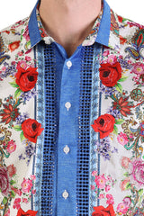 Barabas Wholesale Men's Rhinestone Floral Baroque Printed Short Sleeve Shirt SPR265 Blue White