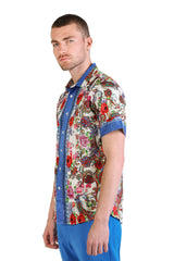 Barabas Wholesale Men's Rhinestone Floral Baroque Printed Short Sleeve Shirt SPR265 Blue White