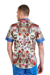 Barabas Wholesale Men's Rhinestone Floral Baroque Printed Short Sleeve Shirt SPR265 Blue White