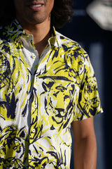 Barabas Wholesale Men's Lion Printed Rhinestone Short Sleeve Shirt SSR18 Citron