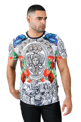 Barabas Men's Rhinestone Medusa Floral Crew Neck T-Shirt STP3003