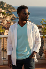 BARABAS Men's Basic Solid Color Premium V-neck T-shirts TV216  Aqua