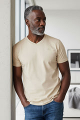 BARABAS Men's Basic Solid Color Premium V-neck T-shirts TV216  Natural