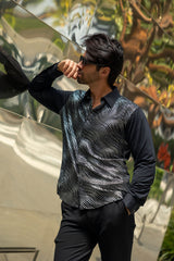 Barabas Wholesale Men's Polka Dot Linear Geometric Long Sleeve Shirt 4B43 Black Silver