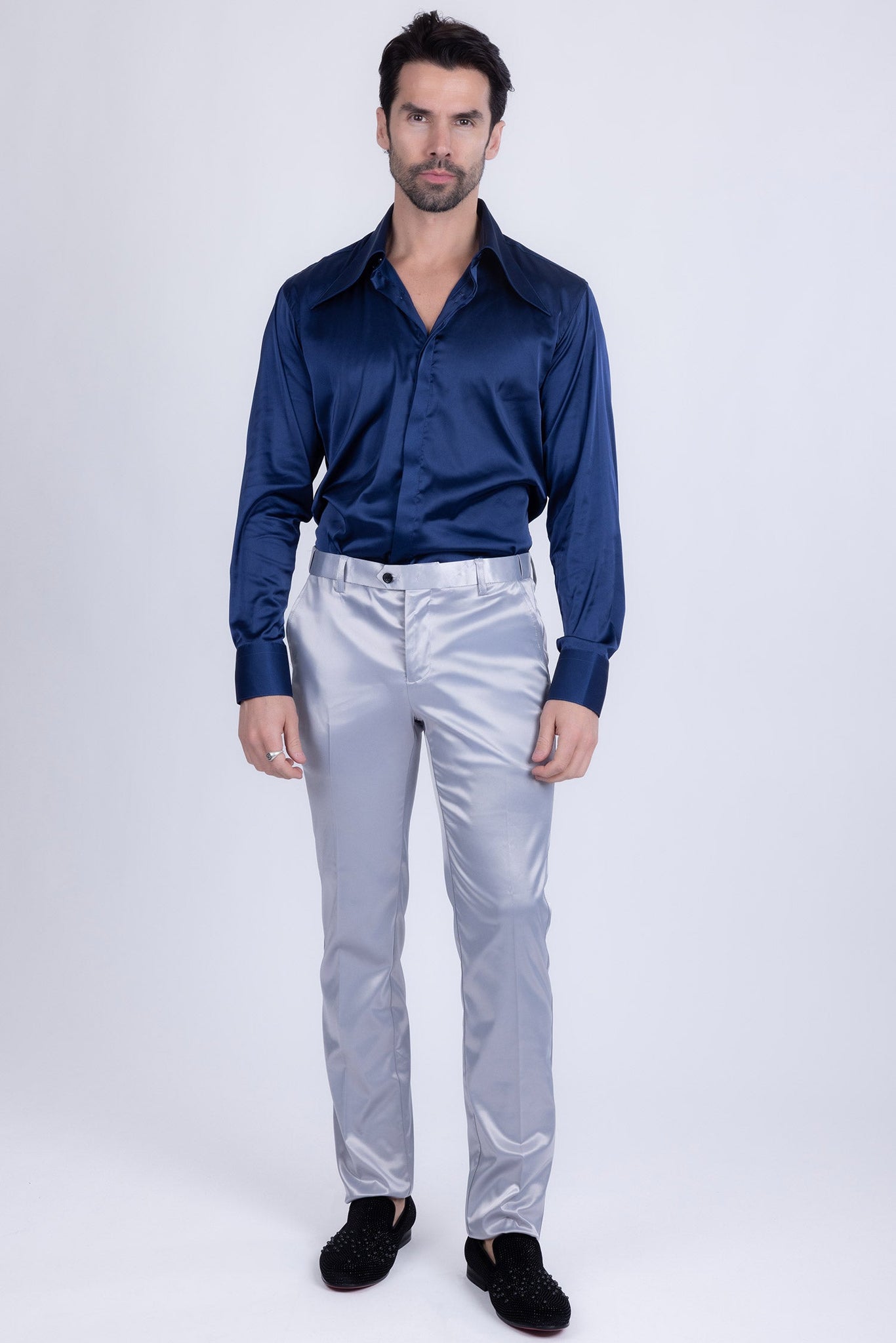 Barabas Wholesale Men's Solid Color Shiny Chino Pants VP1010 Silver