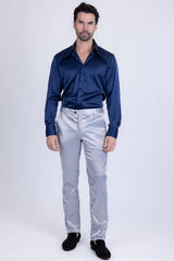 BARABAS Men's Solid Color Shiny Chino Pants VP1010 Silver