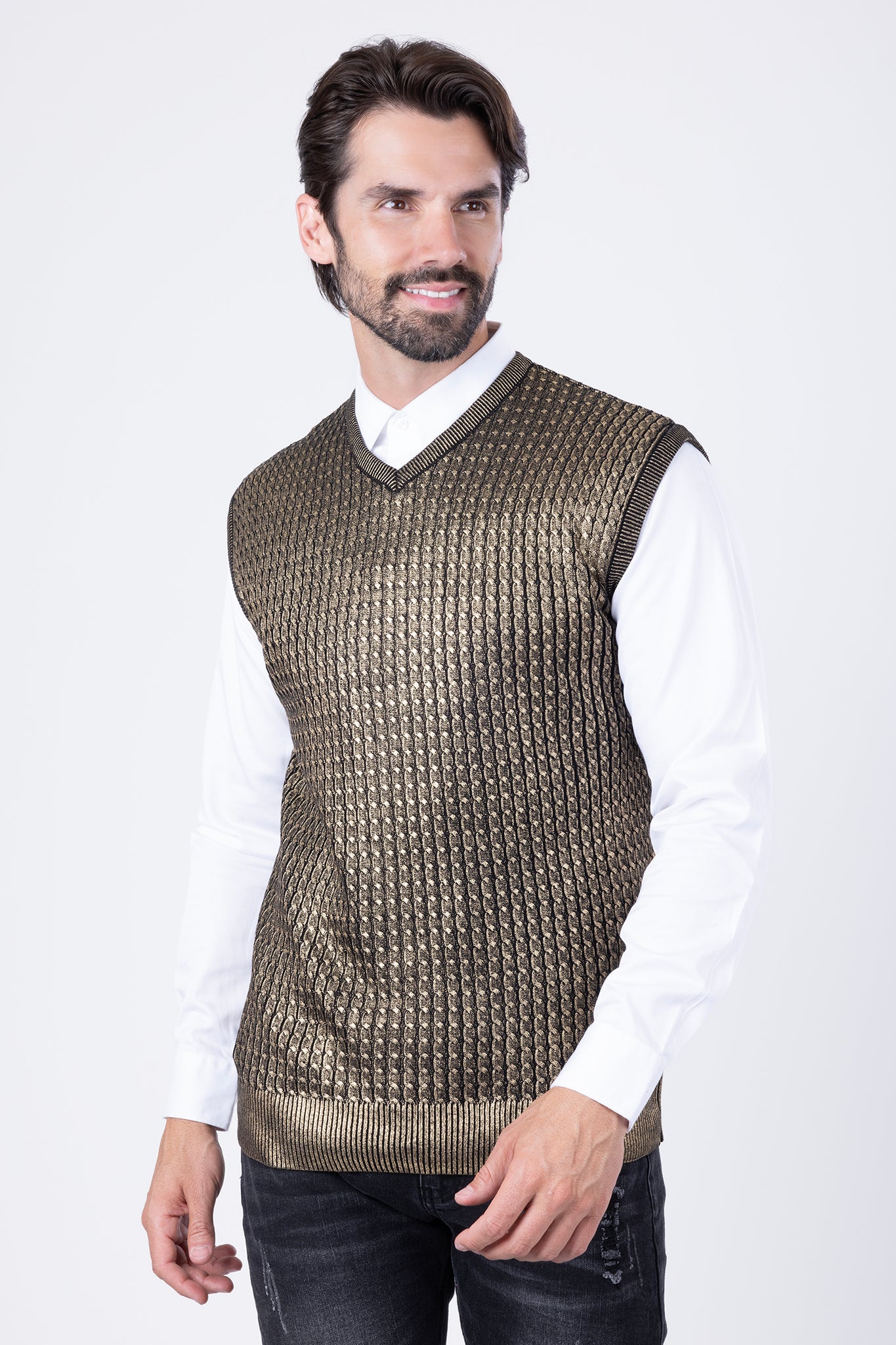 Barabas Wholesale Men's Shiny Sleeveless Knitted Sweater Vest WV201 Gold