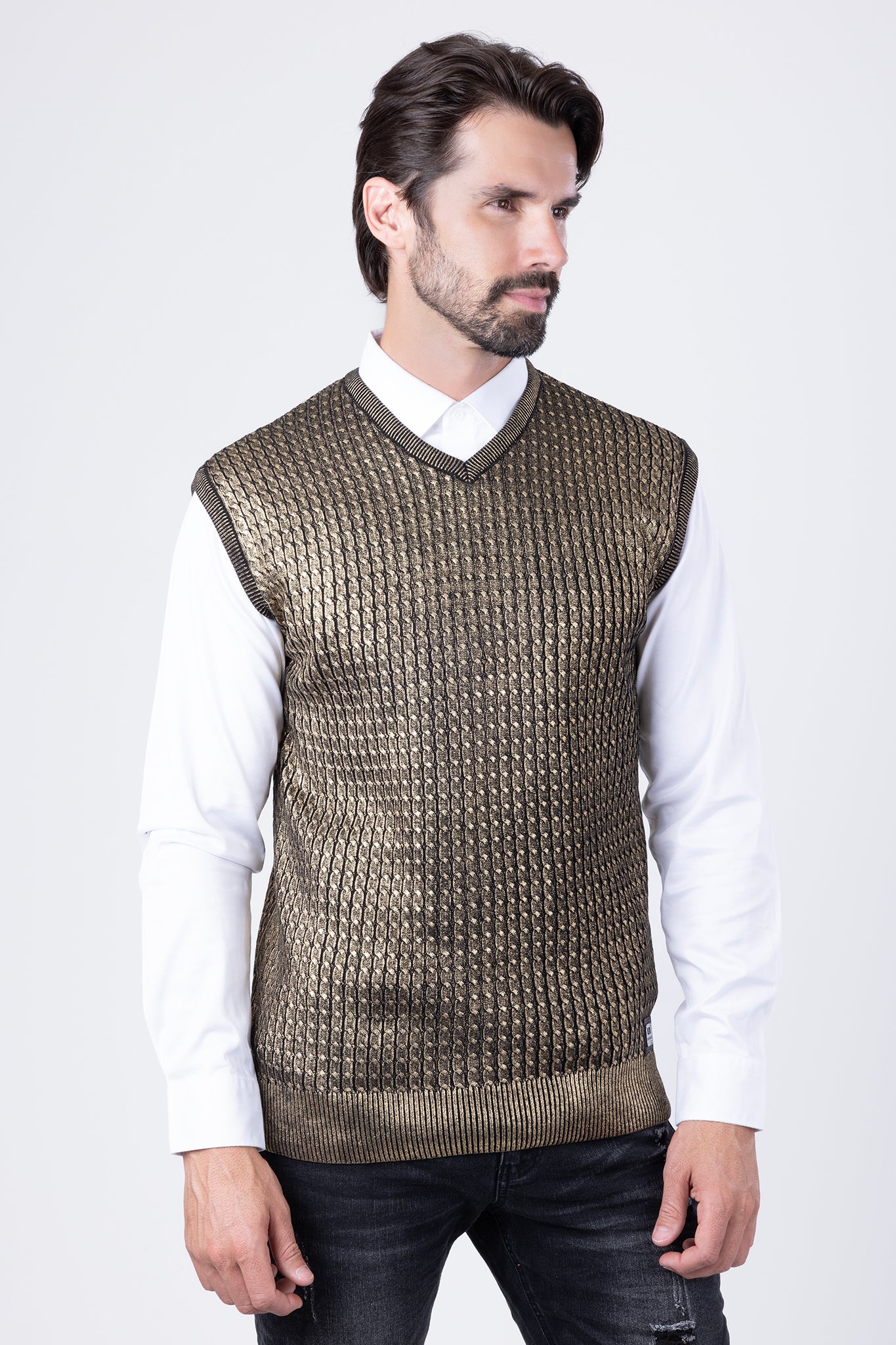 Barabas Wholesale Men's Shiny Sleeveless Knitted Sweater Vest WV201 Gold