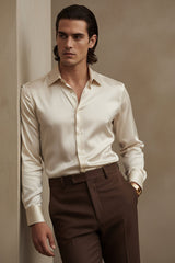 Barabas Wholesale Mens Luxury Shiny Long Sleeve Button Down Metallic Shirts B312 Beige