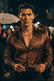 Barabas Wholesale Mens Luxury Metallic Long Sleeve Button Down Shiny shirts B312 Brown
