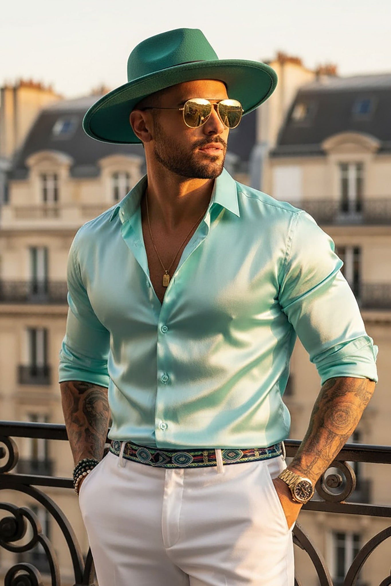Barabas Wholesale Mens Luxury Shiny Long Sleeve Button Down Metallic Shirts B312 Mint
