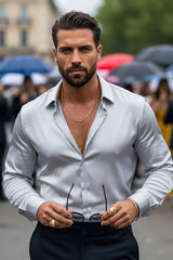 Barabas Wholesale Mens Luxury Metallic Long Sleeve Button Down Shiny shirts B312 Silver