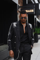 Barabas Wholesale Men's Sequins Pattern Double-Breasted Peak Lapel Suit 5SU37 Black Silver