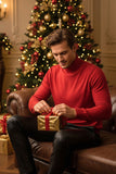 Men's Turtleneck Ribbed Solid Color Basic Sweater LS2100 Red