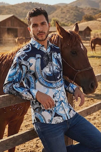 Barabas Wholesale Men's Stallion Rhinestones Stretch Long Sleeve Shirts 5SPR05 Sky