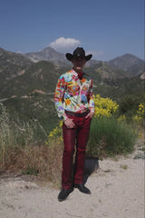 Barabas Wholesale Men's Tiger Floral Rhinestones Long Sleeve Shirts 6SPR01 Red