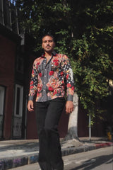 Barabas Wholesale Men's Rhinestones Floral Bull Skull Long Sleeve Shirts 5SPR13 Black