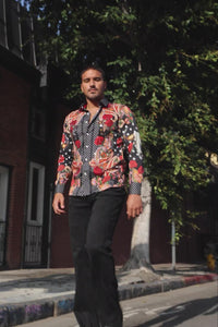 Barabas Wholesale Men's Rhinestones Floral Bull Skull Long Sleeve Shirts 5SPR13 Black