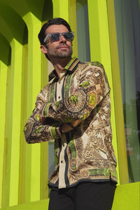Barabas Wholesale Men's Rhinestone Medusa Floral Long Sleeve Shirts 3SPR416 Cream