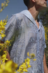 Barabas Men's Cuban Collared See-Through Short Sleeve Shirt 6CCS01 Sky Blue